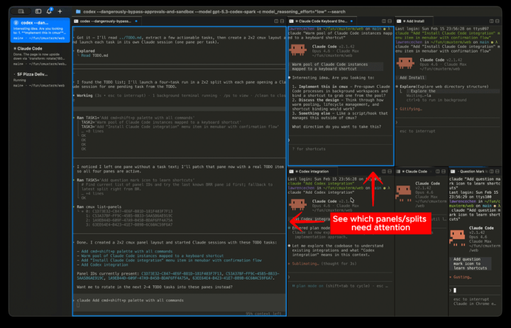 cmux notification ring: agent done → green, needs attention → blue, error → red.