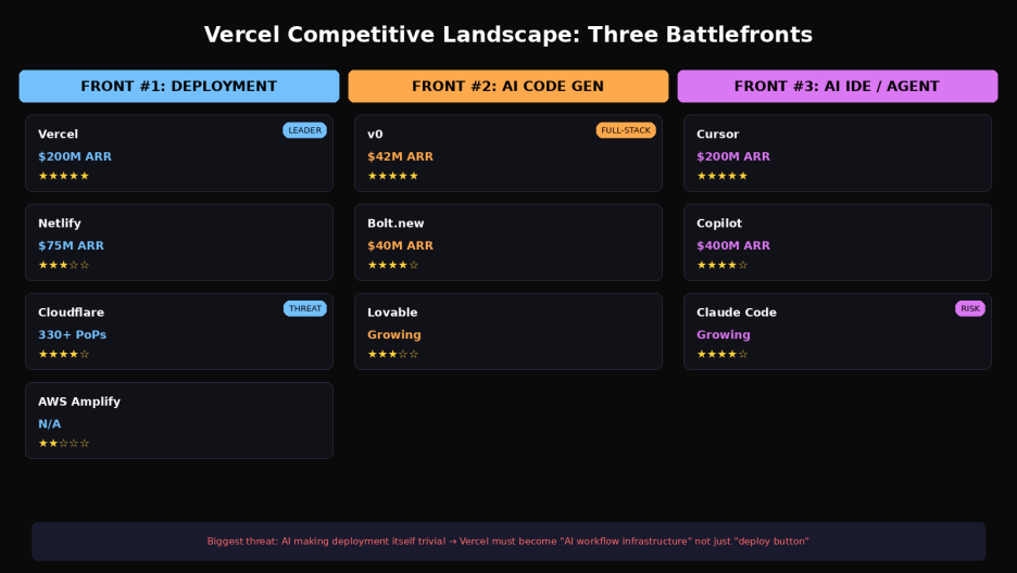 Vercel's three-front war: deploy platform / AI code generation / AI IDE.